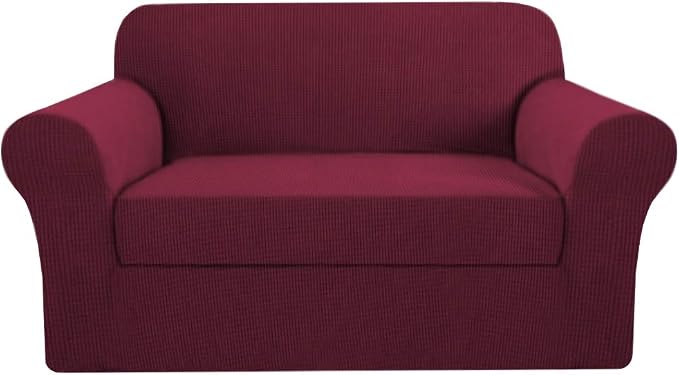 H.VERSAILTEX High Stretch 2 Piece Loveseat Couch Covers Furniture Protector Sofa Cover Suit for T Cushion/Box Cushion, Durable and Thick Spandex Stretch Fabric Soft Slipcover - Loveseat, Burgundy Red