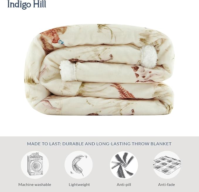 Indigo Hill by HiEnd Accents Hunt Life Campfire Fleece Throw Blanket, Pheasant Hunting Animal Print Sherpa Blanket, Cabin Lodge Throw, Soft Fleece Blanket for Couch Sofa Bed, 54x68 inch