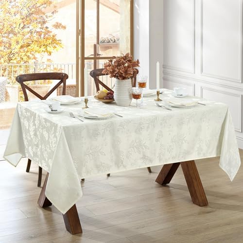Elegant Woven Leaves Jacquard Damask Tablecloth, Ivory - 60" W x 144" L