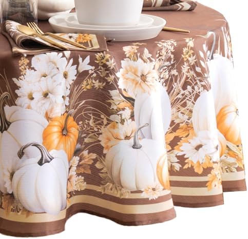 Elrene Home Fashions Wheatland Harvest Pumpkin Fall/Harvest/Thanksgiving Round Wrinkle Resistant Tablecloth, 70"x70" - Image 2