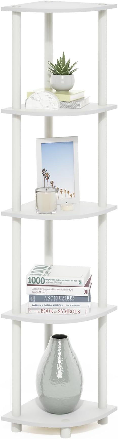 Furinno Turn-N-Tube Corner Shelf, 5-Tier Corner Bookshelf, Open Storage Shelves, for Organization and Storage, Living Room, Home Office, Garage, Bedroom, White