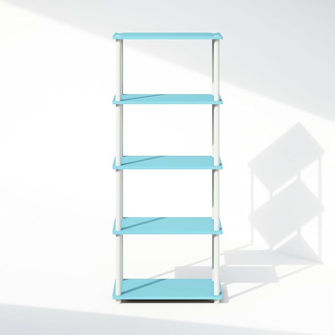 Furinno Turn-N-Tube Book Shelf, 5-Tier Bookshelf, Bookcase with Multipurpose Compact Display Rack, 11.6 x 23.6 x 57.4, for Living Room, Bedroom, Home Office, Light Blue/White