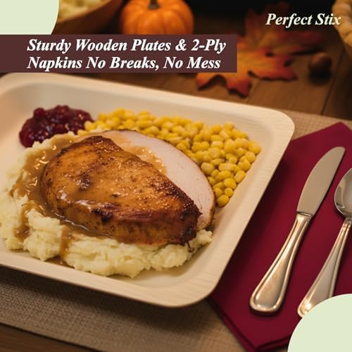 Perfect Stix Thanksgiving Plates and Napkins Set, 25 Large 10-Inch and 25 Small 7-Inch Wooden Plates with 50 Burgundy 2-Ply Dinner Napkins - Image 5