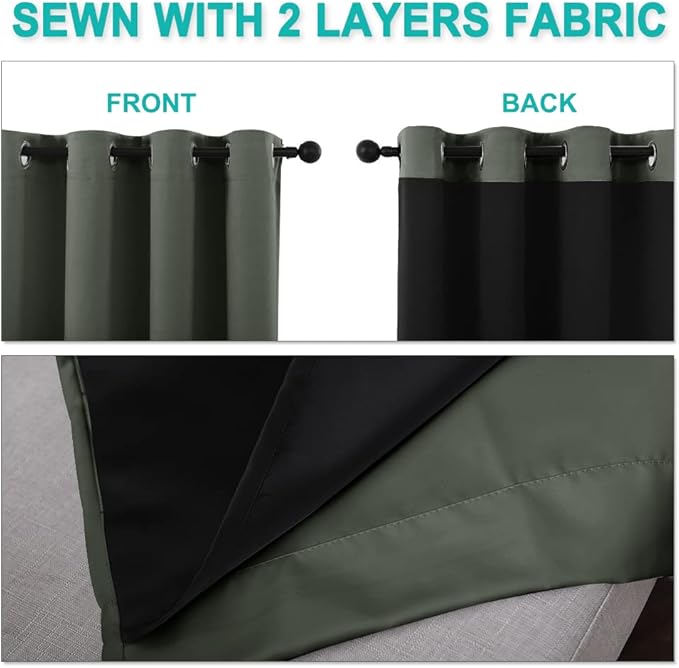NICETOWN Dark Mallard 100% Blackout Lined Curtains, 2 Thick Layers Narrow Wide Window Treatment Panels Thermal Insulated Drapes for Kitchen Small Window (1 Pair, 37" Width x 63" Length Each Panel)