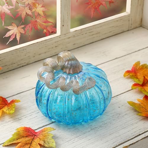 Glitzhome Hand Blown Glass Pumpkin Decor 5.25" Blue - Artisan Fall Table Centerpiece for Thanksgiving Harvest Home Decor Halloween Displays - Image 3