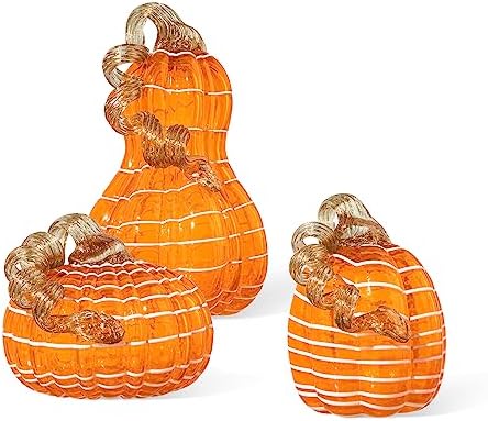 Glitzhome Hand Blown Glass Pumpkin 3pcs Fall Glass Gourd, Orange/White by Glitzhome