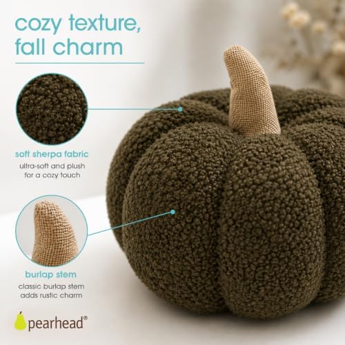 Pearhead Sherpa Pumpkin Pillow Decor, Modern Fall Home, 9", Olive Green - Image 2