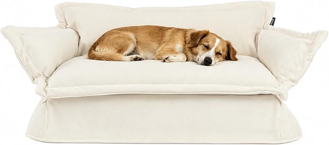2-in-1 Human & Pet Dog Sofa, Solid Pine Wood Frame with Supportive Foam, Indoor Modern Pet Furniture(White)