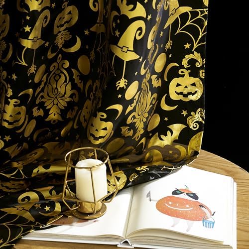 NICETOWN Halloween Curtains Decor Black Sheer Curtains 96 Inches Long for Indoor & Outdoor, 52" Wide Scary Creepy Skull Skeleton Drapres Grommet for Halloween Party, Living Room, Kitchen, 2 Panels