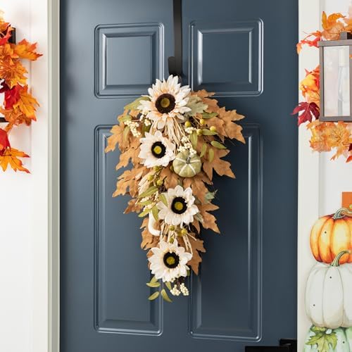 Glitzhome Neutral Fall Swag, 28 Inch Farmhouse Door Hanging with Beige Sunflowers & Pumpkins, Rattan Porch Decor for Thanksgiving - Image 2