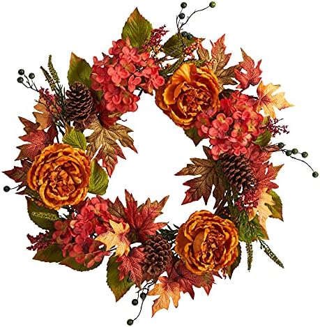 Nearly Natural 25 in Autumn Ranunculus, Hydrangea and Berries Fall Wreath by NearlyNatural