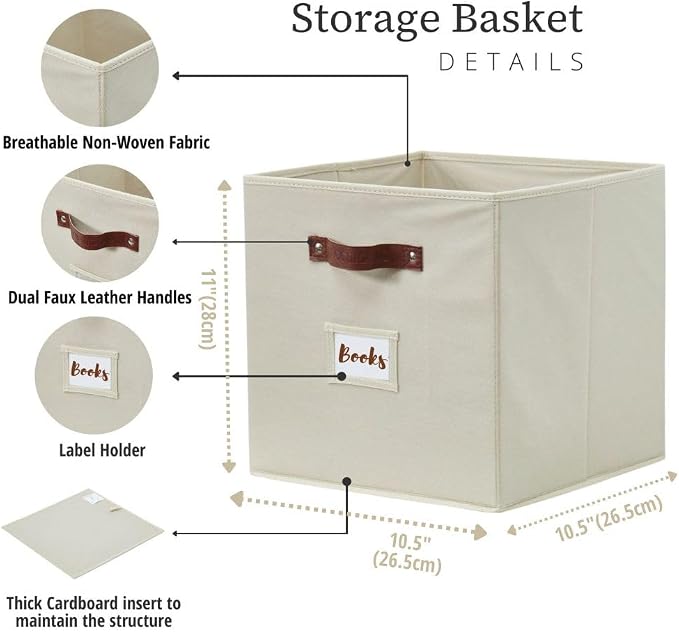 DECOMOMO Storage Bins, Cube Storage Bin with Labels | 10.5" x 11" Fabric Storage Cubes for Shelves (2pcs, Beige)