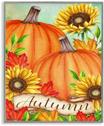 Pumpkins Sunflowers Red Leaves Harvest, 11 x 14 Inch Framed Giclée Print by StupellIndustries