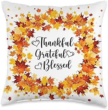 Thanksgiving Thankful Grateful Blessed Autumn Fall Leaves Throw Pillow by Unknown