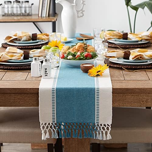 DII Dobby Stripe Table Runner, 13x72 Storm Blue & Cream Background - Image 4