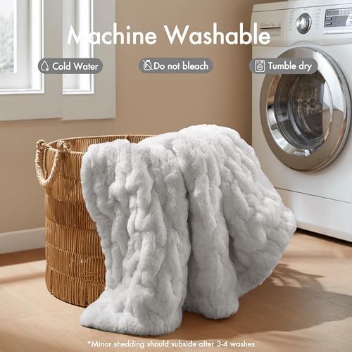 Madison Park Ruched Fur Throw Faux Fur Blanket, 50" x 60", Silver Grey | Luxury, Premium, Soft Cozy Brushed Long Pile, All Season Plush Modern OEKO- TEX Certification Warm For Bed, Couch or Sofa