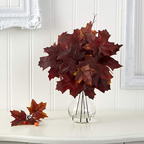 Nearly Natural 18in. Autumn Maple Leaf Artificial Plant in Glass Planter