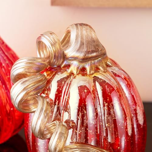 Glitzhome Hand Blown Glass Pumpkin Decor 6" Red - Artisan Fall Harvest Thanksgiving Table Centerpiece Halloween Home Decor - Image 6