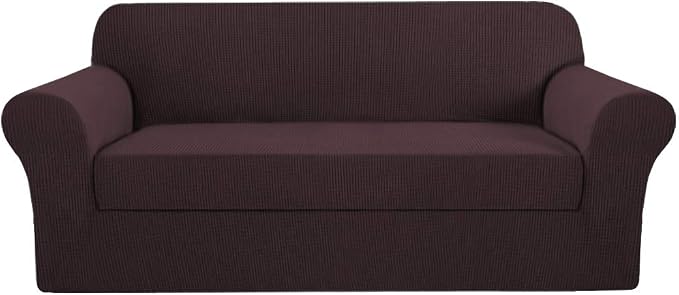 H.VERSAILTEX 2 Piece Couch Covers Stretch Sofa Cover/Slipcover Furniture Protector Couch Suit for T Cushion/Box Cushion Spandex Jacquard Fabric Small Checks(Sofa 72"-88", Brown)