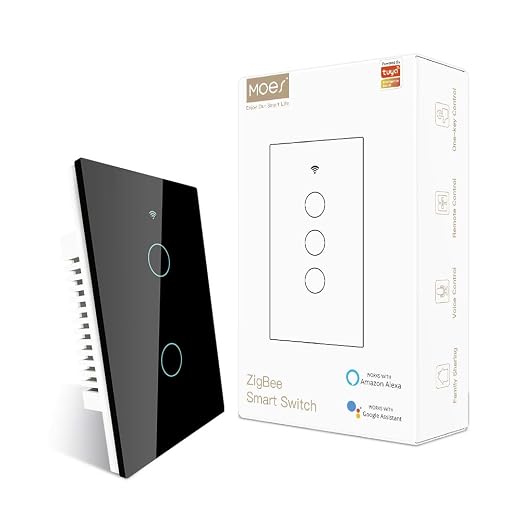 MOES ZigBee Smart Touch Wall Light Switch,Requires Tuya ZigBee Hub,No Neutral Wire/N+L Wiring,No Capacitor,Smart Life Tuya 2/3 Way Remote Control, Work with Alexa Google Home, 2MQTT,2 Gang Black