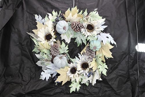 Admired By Nature 24 Inch Artificial Pumpkin Sunflower Fall Wreath Wall Door Farmhouse Decor For Home Office Thanksgiving Harvest Wreaths For Front Door Cemetery Wreaths Indoor Outdoor, Rustic White - Image 4