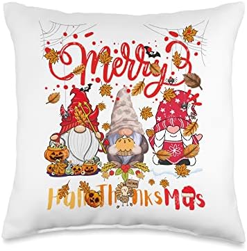 Merry Happy Hallothanksmas Gnomes Halloween Thanksgiving mas Throw Pillow by Unknown