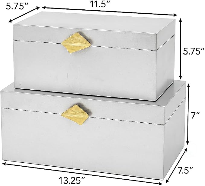 Vintiquewise Set of 2 Decorative Wooden Storage Boxes with Gold Accent – Boxes for Keys, Jewelry, Makeup, Accessories, Crafts, Gadgets, Home Office, Living Room, Bedroom & Entryway Décor, Silver