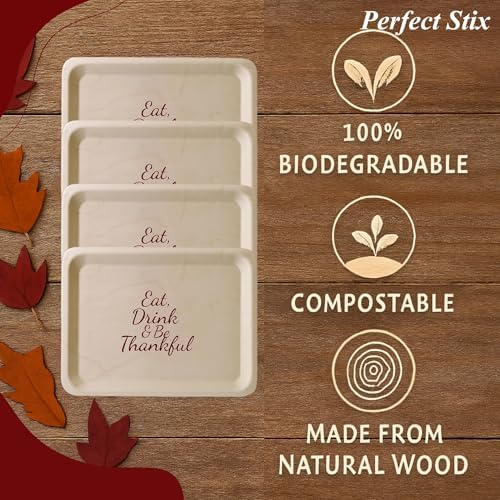Perfect Stix 10-Inch Wooden Plates with “Eat Drink & Be Thankful” Printed in Burgundy – Eco-Friendly Disposable Dinner Plates – Fall Tableware for Thanksgiving & Friendsgiving Parties – Pack of 25 - Image 3