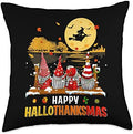 Happy Hallothanksmas Halloween Thanksgiving Christmas Gnomes Throw Pillow by Unknown