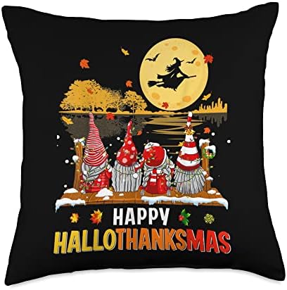 Happy Hallothanksmas Halloween Thanksgiving Christmas Gnomes Throw Pillow by Unknown