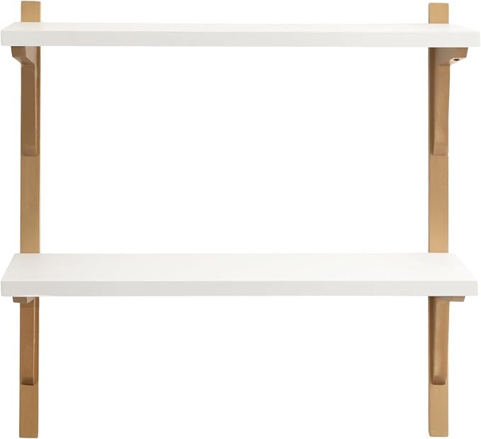 Kate and Laurel Meridien Modern Two-Tier Wooden Shelves, 24 x 8 x 24, White and Gold, Stunning Tiered Wall Shelf for Storage and Display as Cute Nursery Shelving or Bedroom Storage