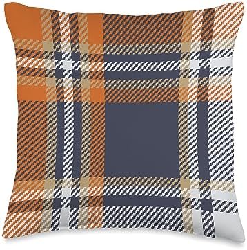 Orange Plaid for Halloween and Thanksgiving Gifts Navy Blue and Orange Plaid Halloween Fall Autumn Pumpkins Throw Pillow, 16x16, Multicolor by Unknown