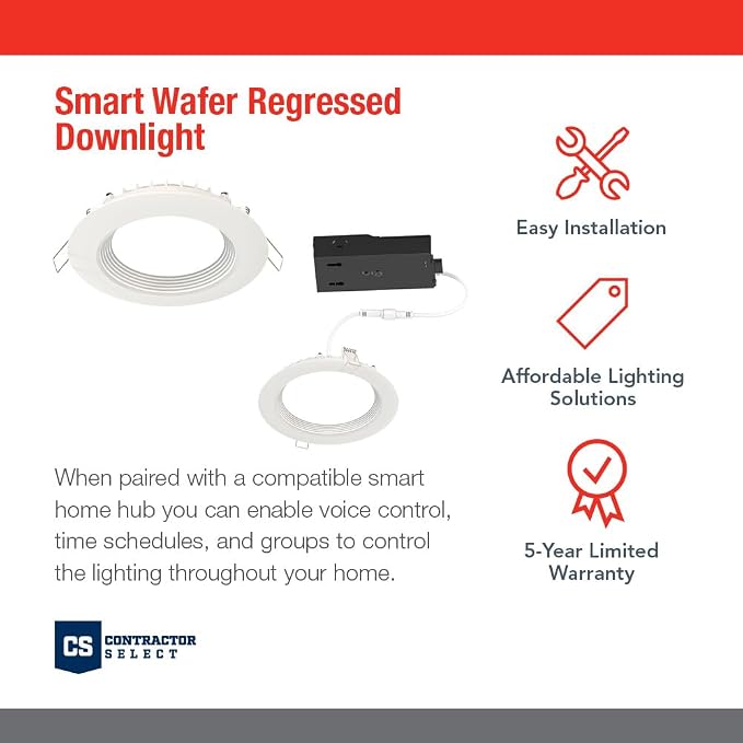 Juno WF6C REG TUWH MW M6 Smart LED Wafer Downlight, 2700K-5000K Tunable White, Dimmable, Zigbee or Bluetooth Connection, Use with Alexa, Google Home, SmartThings, Regressed, 6 Inch, Matte White