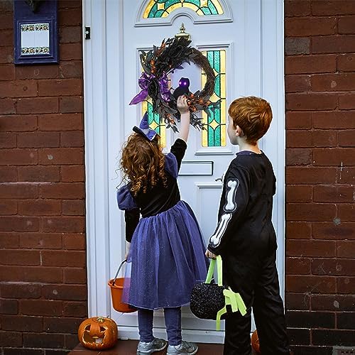 Takywep 22 Inch Halloween Wreaths for Front Door, Half Circle Prelit Owl Wreath with Lighted Eyes, Willow Leaves and Purple Bow for Porch Wall Window Fireplace Decor - Image 5
