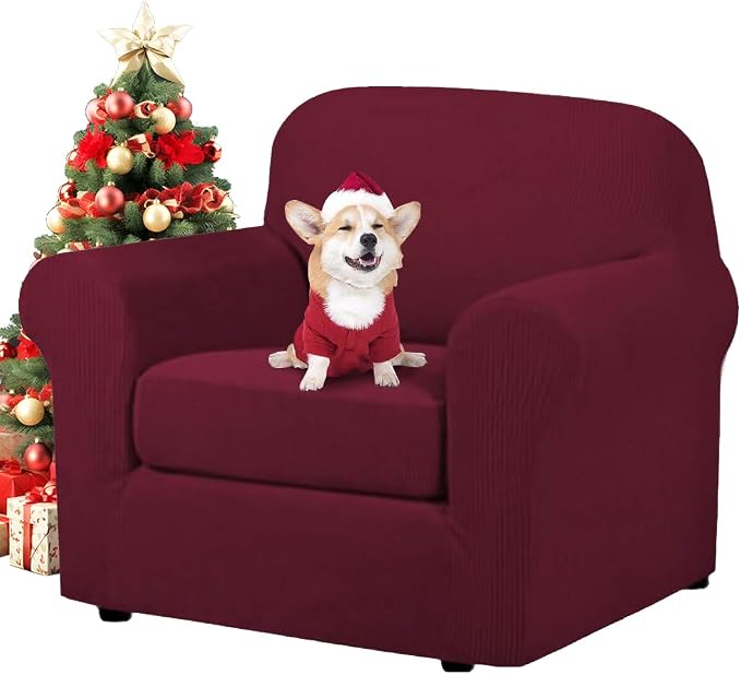 H.VERSAILTEX 2-Pieces Armchair Cover Super Rich Chair Slipcover/Furniture Cover Arm Chair Covers for Chairs, Knitted Jacquard Spandex Chair Cover Stay in Place, Skid Resistance (Chair, Burgundy)