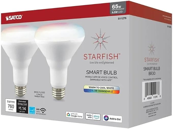 Satco S11276 Starfish BR30 WiFi Smart LED Color-Changing Light Bulb, Works with Siri, Alexa, Google Assistant, SmartThings, 2700K-5000K, 2-Pack