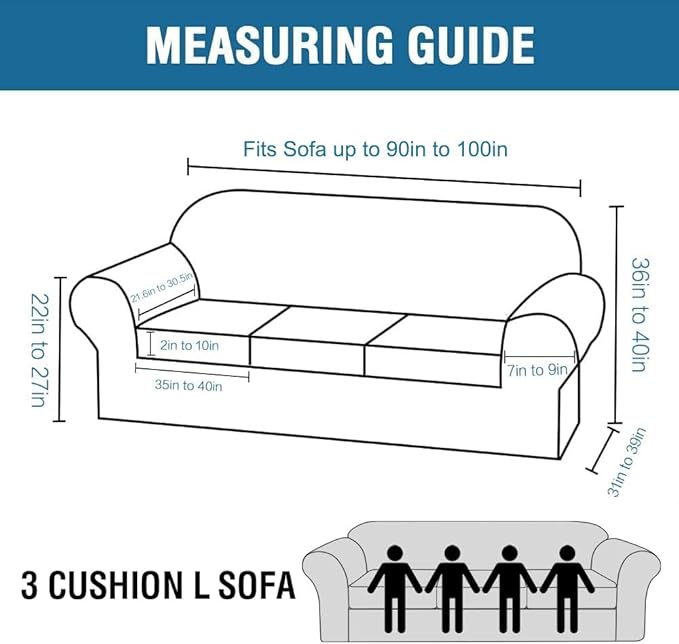 H.VERSAILTEX 4 Piece Stretch Sofa Covers for 3 Cushion Couch Covers for Living Room Furniture Slipcovers (Base Cover Plus 3 Seat Cushion Covers) Thicker Jacquard Fabric (Large Sofa, Grey)
