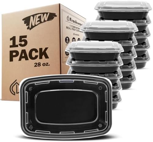 Freshware Meal Prep Containers 15 Count (Pack of 1) Compartment Food Storage Containers with Lids, Bento Box, BPA Free, Stackable, Microwave/Dishwasher/Freezer Safe (28 oz) (Color May Vary) by Freshware