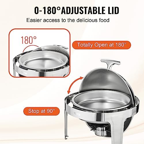 VEVOR Roll Top Chafing Dish Buffet Set, 6 Qt 2 Pack, Stainless Steel Chafer with 2 Full Size Pans, Round Catering Warmer Server with Lid Water Pan Stand Fuel Holder, for at Least 5 People Each - Image 5