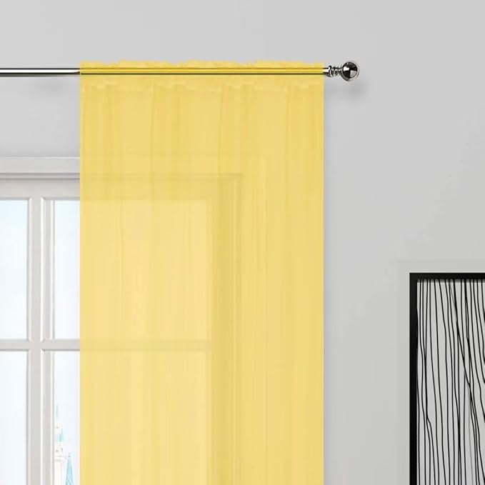 SpaceDresser Sheer Voile Window Treatment Rod Pocket Curtain Panels for Kitchen Bedroom Living Room Drapes Sunlight Filtering Privacy Semi Home Decor Assorted Colors Sizes (Yellow, 52 W x 54 L)