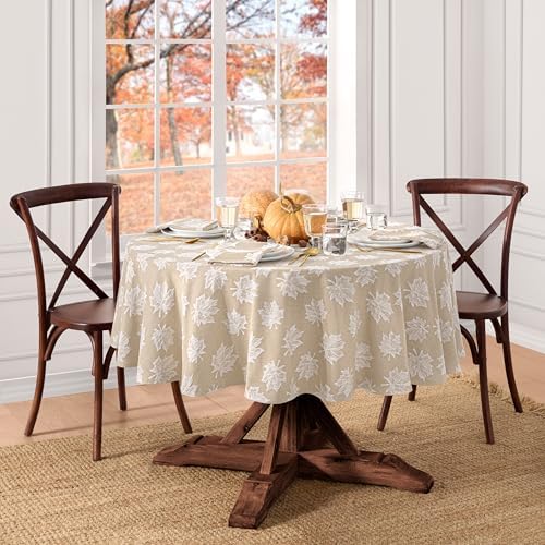 Falling Leaves Jacquard Tablecloth, Taupe - 70" W x 70" L Round - Image 2