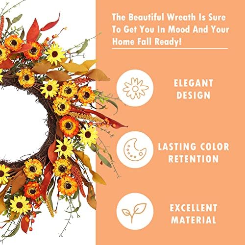20" Artificial Fall Wreath for Front Door Orange Daisy Autumn Wreath with Colorful Wildflowers and Autumn Foliage Farmhouse Fall Door Wreath for Harvest Thanksgiving Fall Decorations - Image 2