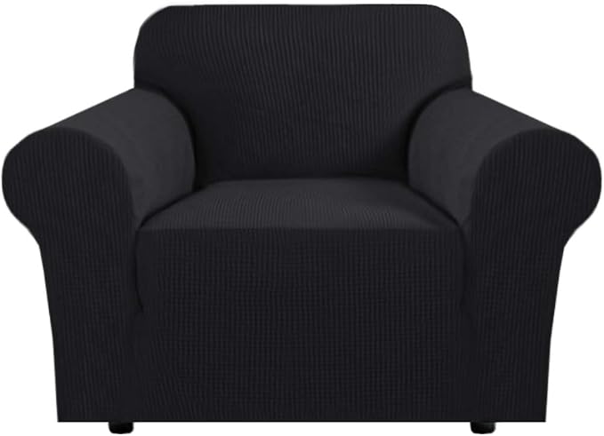 H.VERSAILTEX Stretch Chair Cover 1 Piece Armchair Cover Slip Covers for Sofas/Couches with Elastic Bottom Soft Thick Furniture Protector for Dogs Cats Jacquard Small Checked(Armchair 31"-40", Black)