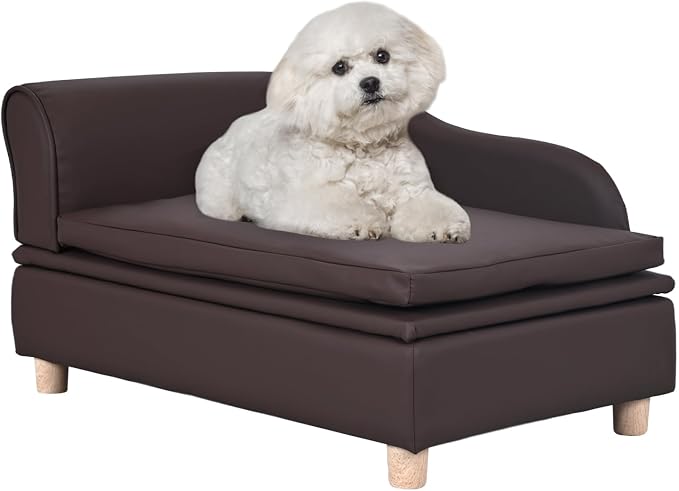 PU Leather Dog Sofa and Chair with Storage - Wooden Frame Cat Sofa Couch with Cushion,Small Pet Bed Sofa for Puppy and Cats (Brown)