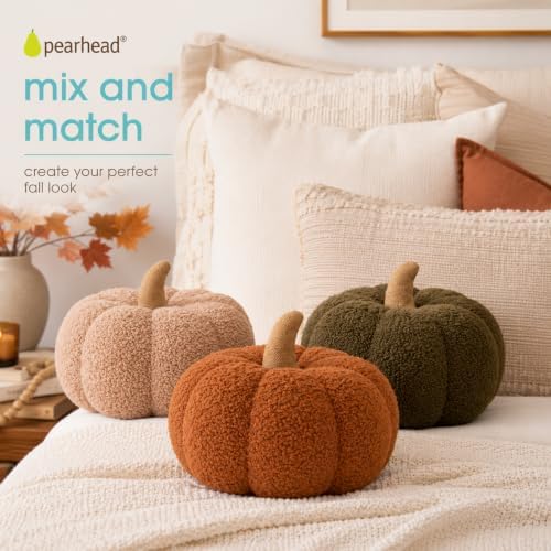 Pearhead Sherpa Pumpkin Pillow Decor, Modern Fall Home, 9", Olive Green - Image 6