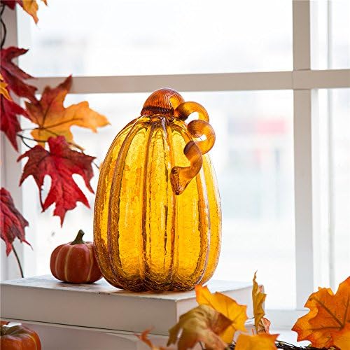 Glitzhome Glass Pumpkin Hand Blown Glass Pumpkin Table Top Home Decor for Fall Harvest & Thanksgiving Decorating, 9" H, Amber - Image 6