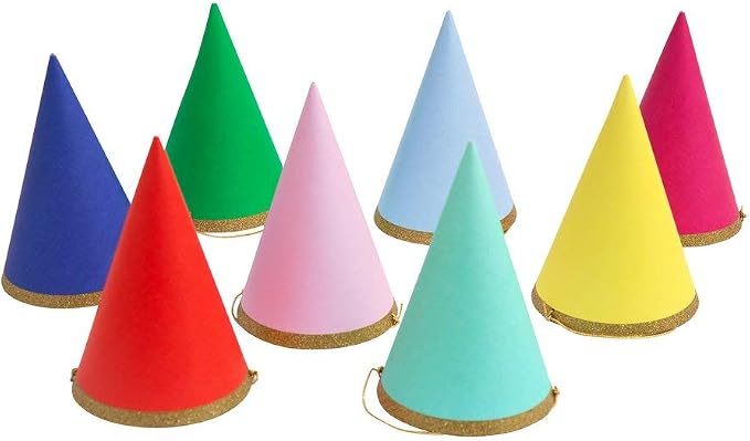 Meri Meri Birthday Party Hats, Pack of 8 Bright and Colorful Cone Birthday Hats for Kids & Adults, Cone Party Hats