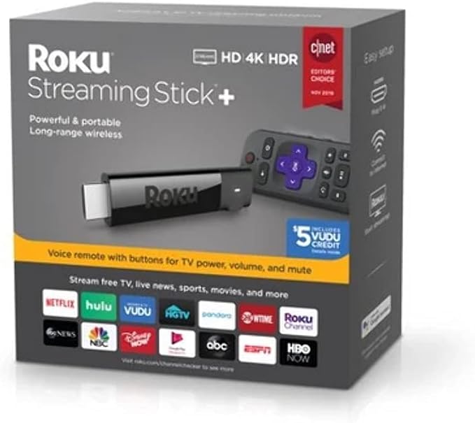 Roku Streaming Stick+ | HD/4K/HDR Streaming Device with Long-range Wireless and Voice Remote with TV Controls (Renewed)