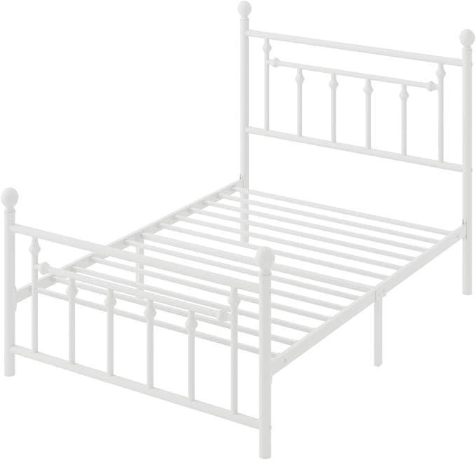 SHA CERLIN 14" Twin Size Metal Platform Bed Frame/Victorian Headboard and Footboard/Steel Slats Mattress Foundation for Storage/No Box Spring Needed/Noise Free/White
