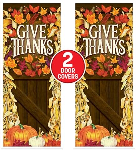 Beistle Give Thanks Door Cover – 2 Pack, All-Weather Thanksgiving Door Decorations with Pumpkins & Autumn Leaves, Rustic Fall Harvest Porch Décor for Home, Seasonal Parties & Holiday Events, 6’ x 30” - Image 4